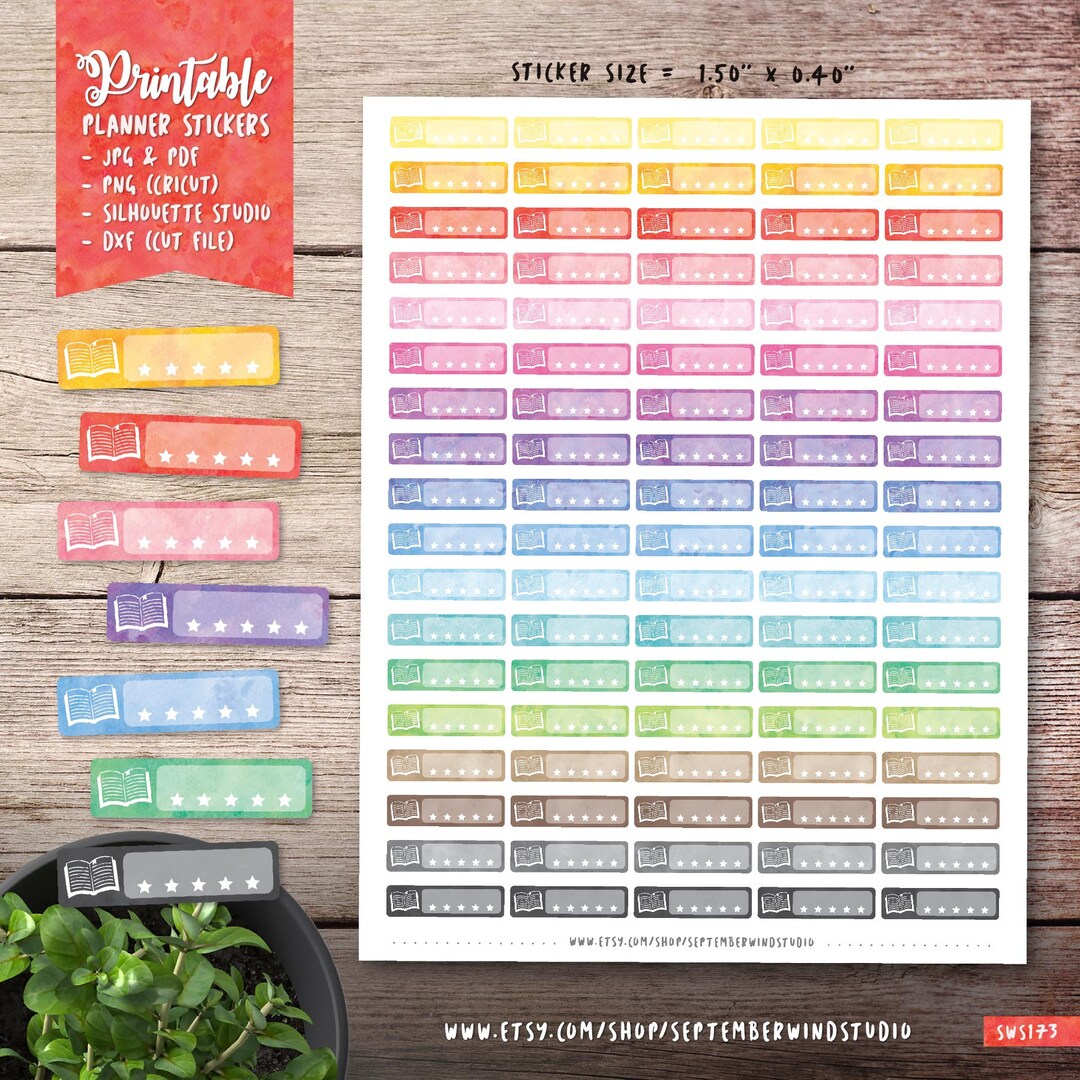 Book Printable Planner Stickers, Watercolor Book Stickers, Book ...