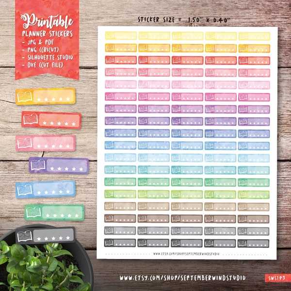 Book Printable Planner Stickers, Watercolor Book Stickers, Book Stickers, Erin Condren Planner Stickers, Cut File