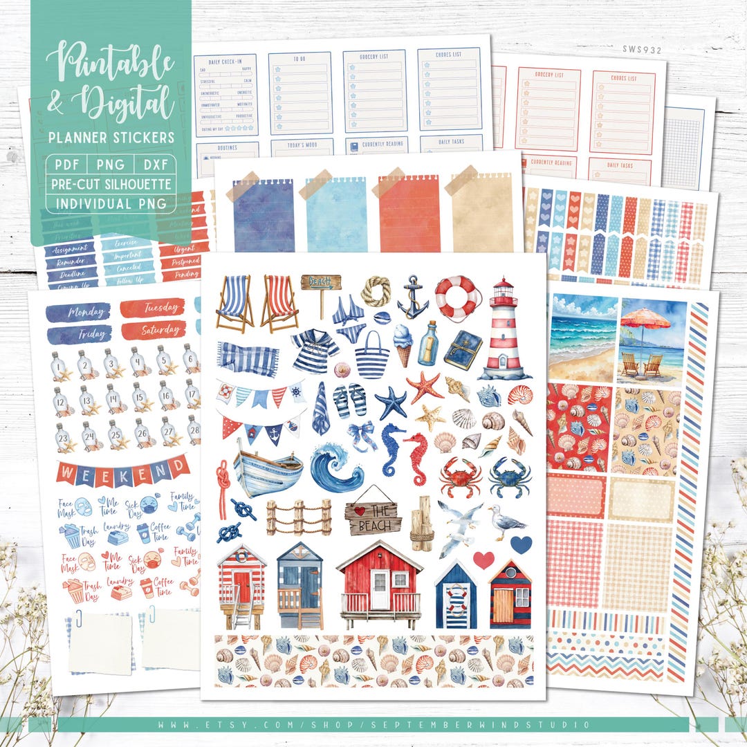 Nautical Beach Printable and Digital Planner Stickers, Weekly Kit ...
