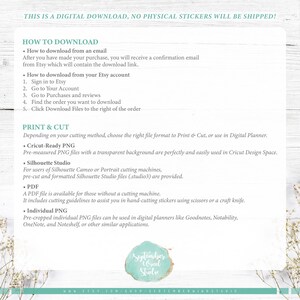 May include: Instructions on how to download and print digital planner stickers. The text includes information about downloading from Etsy, different file formats, and how to use the stickers in Cricut Design Space, Silhouette Studio, and digital planners.