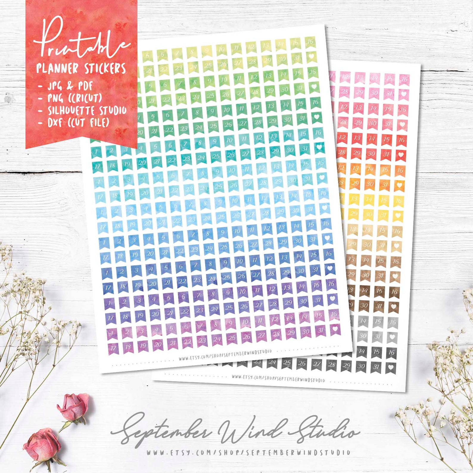 Date Flags Printable Planner Stickers Date Cover Watercolor - Etsy