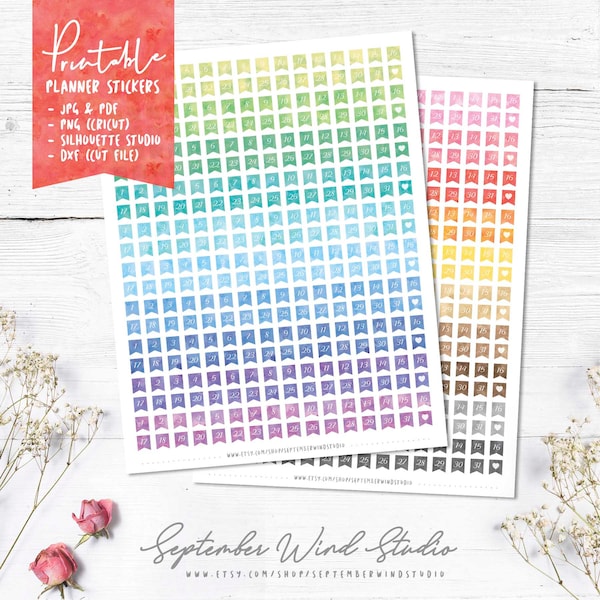 Date Flags Printable Planner Stickers, Date Cover Watercolor Stickers, Date Stickers, Erin Condren Planner Sticker, Cut File