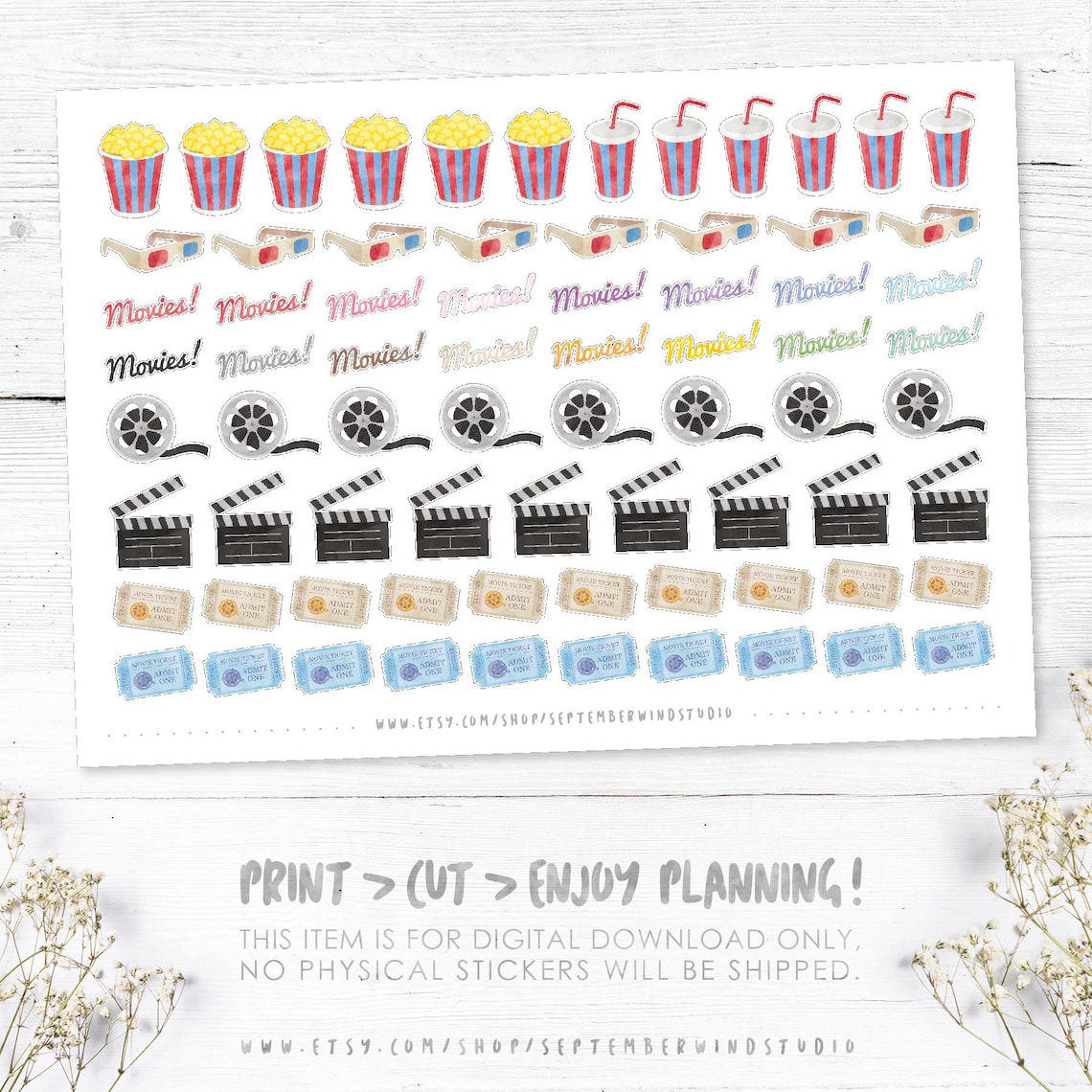 Movie Printable Planner Stickers Watercolor Movie Stickers - Etsy