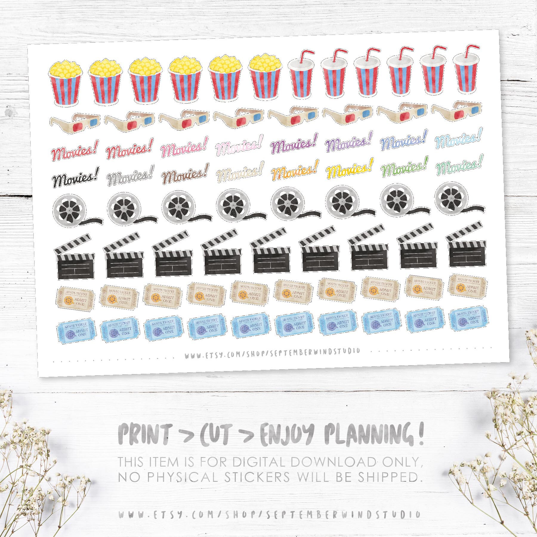 Movie Printable Planner Stickers Watercolor Movie Stickers - Etsy