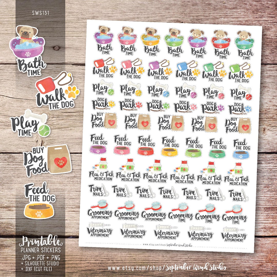Dog Care Printable Planner Stickers, Watercolor Dog Care Stickers, Dog
