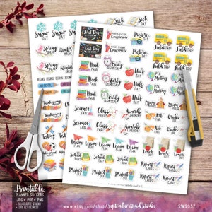 School Printable Planner Stickers, Watercolor School Stickers, Erin Condren Planner Stickers, Happy Planner image 1