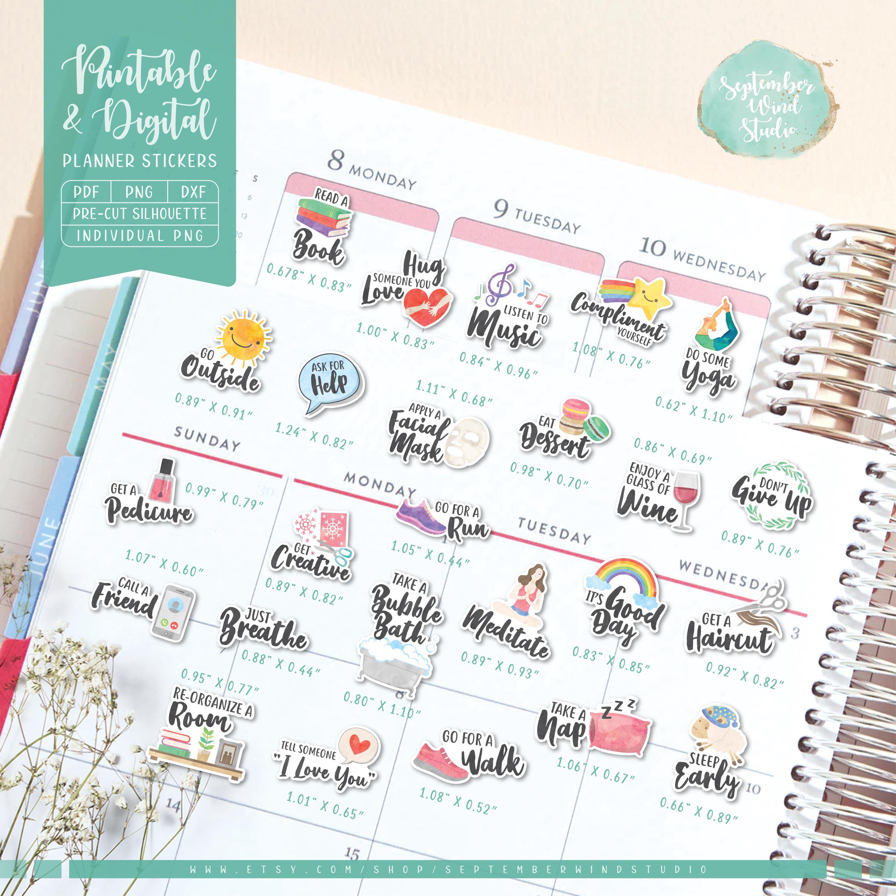 Self Care Planner Stickers: Printable & Digital (PDF, Cricut ...