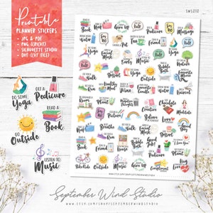 Self Care Printable Planner Stickers, Self Care Stickers, Watercolor Stickers