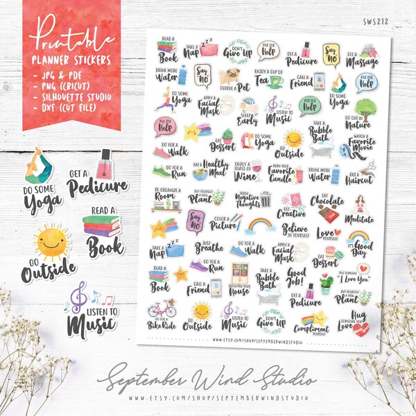 Self Care Printable Planner Stickers, Self Care Stickers, Watercolor Stickers