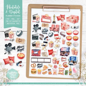 Filmabend druckbare & digitale Aufkleber, Filmaufkleber, druckbare PDF, Cricut PNG, individuelle PNG, Journalaufkleber, Goodnotes