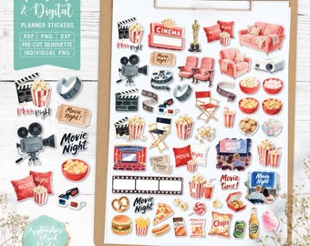 Movie Night Planner Stickers: Printable & Digital (PDF, Cricut, Silhouette Studio, Pre-Cropped PNG for Goodnotes)
