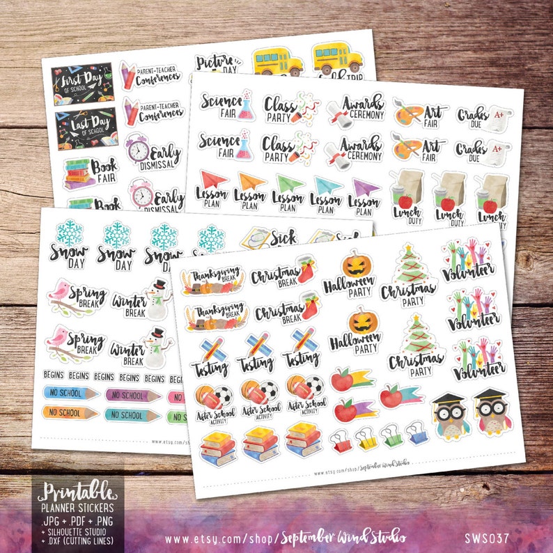 School Printable Planner Stickers, Watercolor School Stickers, Erin Condren Planner Stickers, Happy Planner image 4