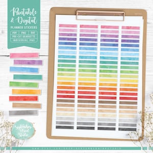 May include: A sheet of printable and digital planner stickers with a watercolour design. The stickers are in a variety of colours, including pink, purple, blue, green, yellow, orange, red, brown, and grey. The stickers are pre-cut and come in individual PNG files.