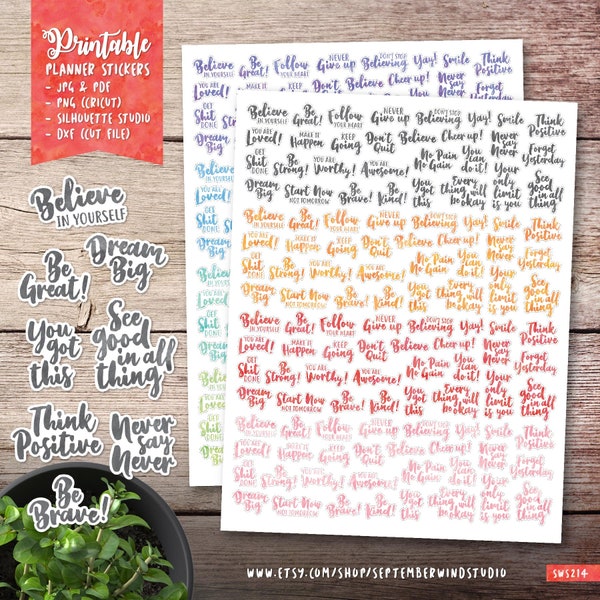 Motivational Printable Planner Stickers, Motivation Stickers, Watercolor Stickers, Positive Printable Stickers, Cut File