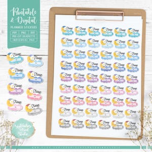 May include: A sheet of printable planner stickers featuring a moon and cloud design with the word "Sleep" in a variety of colors. The stickers are pre-cut and come in individual PNG files.