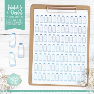 Könnte beinhalten: Ein Bogen Planer-Aufkleber mit blauen Wasserflaschen-Designs. Die Aufkleber sind auf einem Klemmbrett angeordnet, mit losen Aufklebern links. Der Text "Printable & Digital" und "Planner Stickers" ist sichtbar.