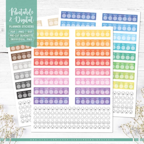 Weekly Mood Tracker Stickers: Printable & Digital (PDF, Cricut, Silhouette Studio, Pre-Cropped PNG for Goodnotes)