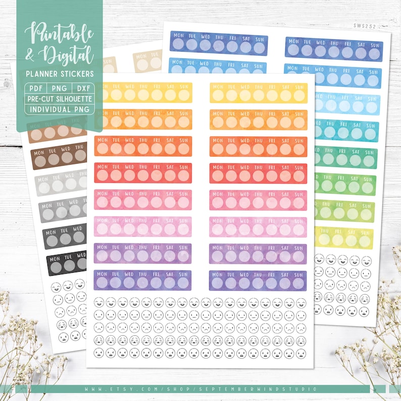 Weekly Mood Tracker Stickers: Printable & Digital (PDF, Cricut, Silhouette Studio, Pre-Cropped PNG for Goodnotes) image 1