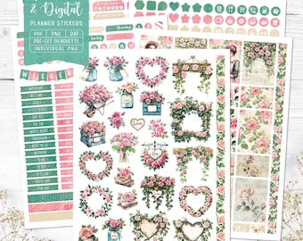 Naklejki Valentine Vintage Rose Planner: do druku i cyfrowe (PDF, Cricut, Silhouette Studio, wstępnie przycięte PNG dla Goodnotes)