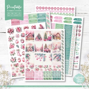Roze bloem kerst afdrukbare plannerstickers, verticaal weekpakket, december plannerstickers, formaat voor Erin Condren LifePlanner