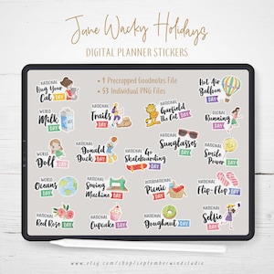June Wacky Holidays Digital Planner Stickers, GoodNotes Stickers, Pre-recortados Digital Stickers