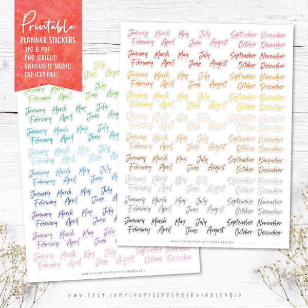 Month Cover Printable Planner Stickers, Months Stickers, Watercolor Stickers, Erin Condren Planner Stickers, Cut File