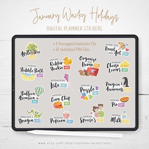 January Wacky Holidays Digital Planner Stickers, GoodNotes Stickers, Pre-cropped Digital Stickers