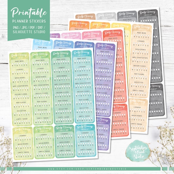 Daily Cleaning Checklist, Sidebar Printable Planner Stickers, Watercolor Stickers, Erin Condren Planner Stickers, Cut Files