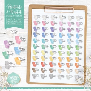 Schoon toilet afdrukbare plannerstickers, toiletplannerstickers, toiletpotstickers, aquarelreinigingsstickers, digitale stickers