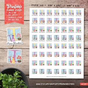 Clean Windows Printable Planner Stickers, Watercolor Stickers, Cleaning Stickers, Erin Condren Planner Stickers, Cut File