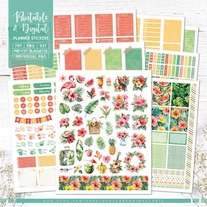 Autocollants pour agenda numérique et imprimable d'été tropical, kit hebdomadaire, autocollants d'été, PDF imprimable, PNG Cricut, PNG individuel, Goodnotes