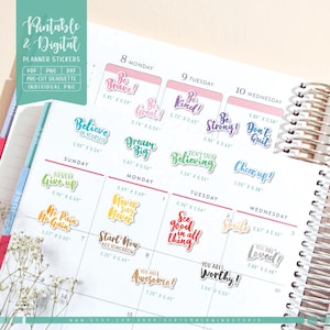 Positive Zitate druckbare Planner Aufkleber, Motivationsaufkleber, positive digitale Aufkleber, zugeschnittene PNG, druckbare PDF