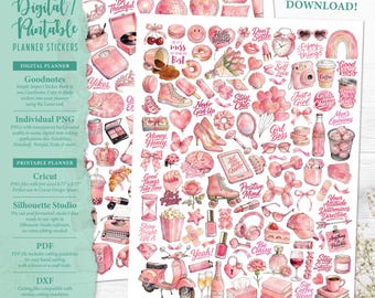 Pink Girly Aesthetic Planner Stickers: Digital & Printable (Goodnotes, Cricut, PDF, Silhouette Studio, Individual PNG)