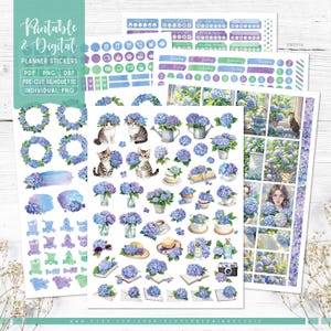 Lentehortensia afdrukbare en digitale plannerstickers, weekpakket, voorgesneden png, afdrukbare pdf, Silhouette Studio, Cricut, individuele png