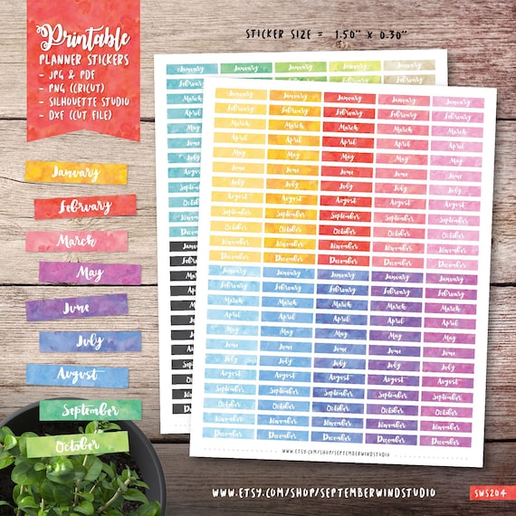 Months Printable Planner Stickers Months Stickers Watercolor - Etsy