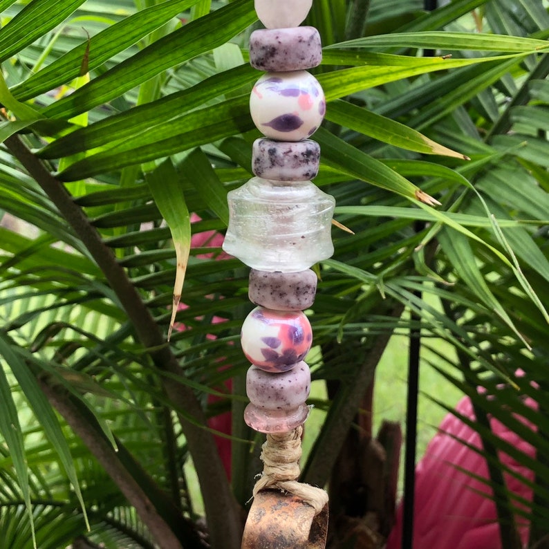 Purple and Pink Glass Beaded Wind Chime with 5 Gold India Harmony Bell and Lampworked Beading for Home Garden or Patio Meditation Bell