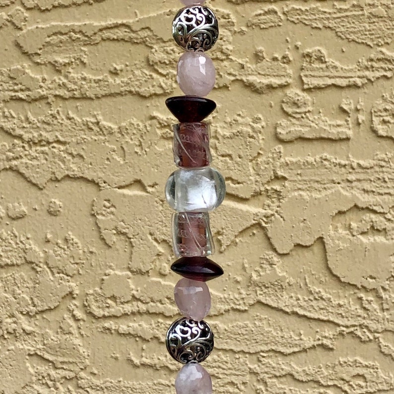 Bohemian Medallion Print Elephant Beaded Wind Chime featuring Lampworked Glass Rose Quartz Transparent Purple and Silver Beads w OM Bell