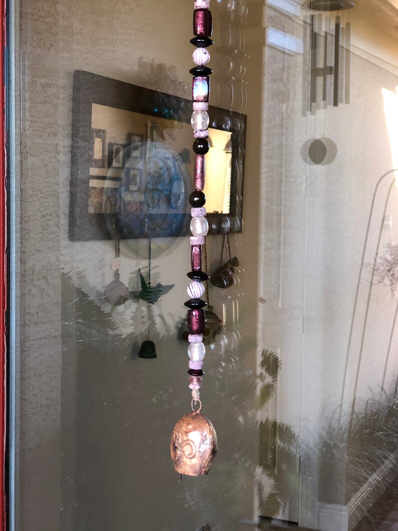 Purple and Pink Glass Beaded Wind Chime with 5 Gold India Harmony Bell and Lampworked Beading for Home Garden or Patio Meditation Bell
