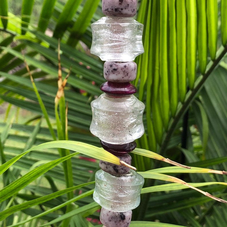 Purple and Pink Glass Beaded Wind Chime with 5 Gold India Harmony Bell and Lampworked Beading for Home Garden or Patio Meditation Bell