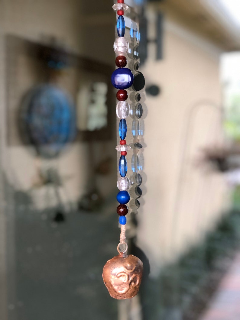 Purple and Pink Glass Beaded Wind Chime with 5 Gold India Harmony Bell and Lampworked Beading for Home Garden or Patio Meditation Bell