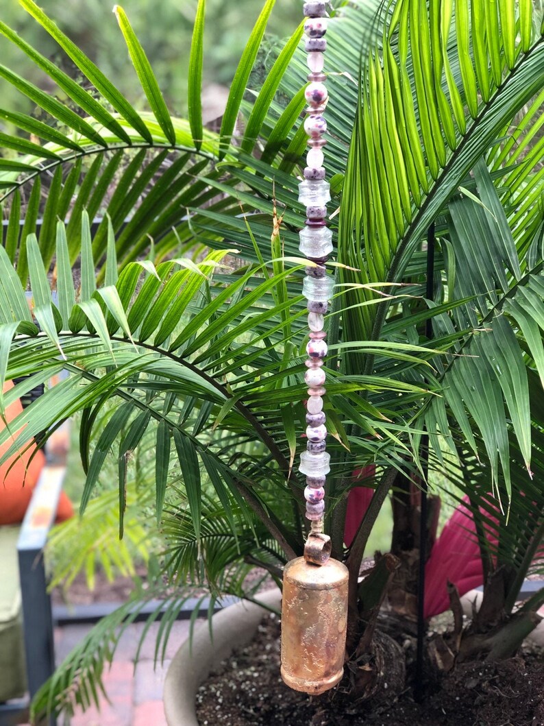 Purple and Pink Glass Beaded Wind Chime with 5 Gold India Harmony Bell and Lampworked Beading for Home Garden or Patio Meditation Bell