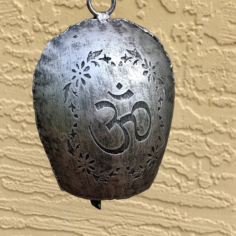 Bohemian Medallion Print Elephant Beaded Wind Chime featuring Lampworked Glass Rose Quartz Transparent Purple and Silver Beads w OM Bell