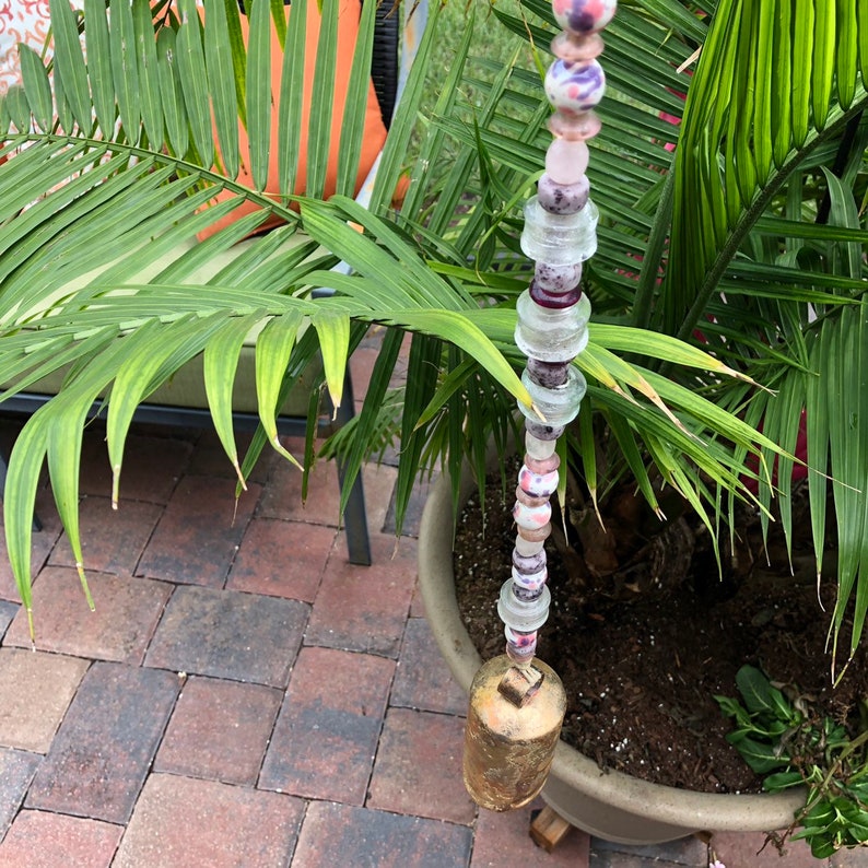 Purple and Pink Glass Beaded Wind Chime with 5 Gold India Harmony Bell and Lampworked Beading for Home Garden or Patio Meditation Bell
