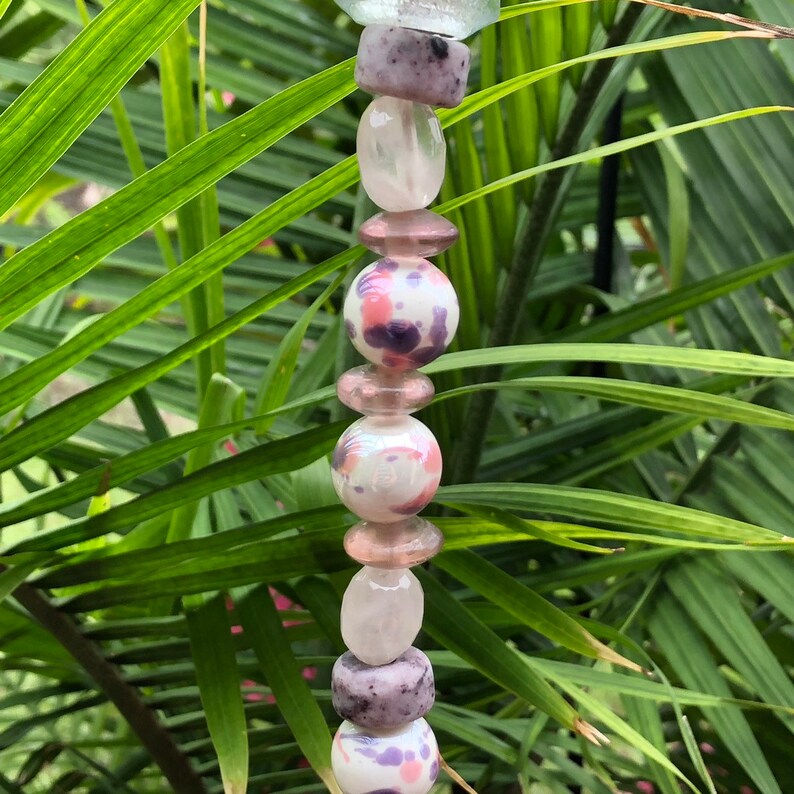 Purple and Pink Glass Beaded Wind Chime with 5 Gold India Harmony Bell and Lampworked Beading for Home Garden or Patio Meditation Bell