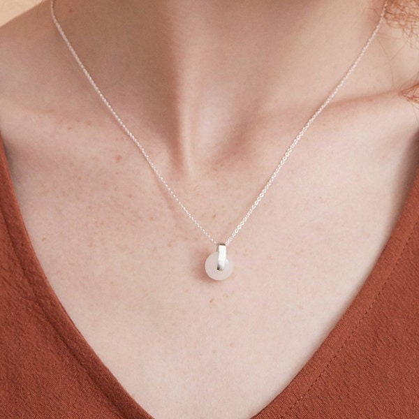 White Jade Pendant Necklace in silver or gold-Dainty white stone necklace-Sterling silver gold plated bar circle necklace-White stone charm