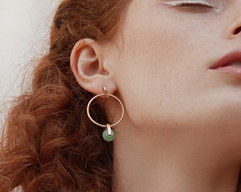 Aventurine earrings - Large gold plated or sterling silver hoop earrings with dangling green aventurine stone