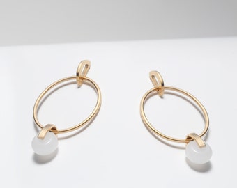 Large jade hoop earrings in gold plated or sterling silver-White jade statement earrings-Geometric gold hoops-White stone earrings-ARA