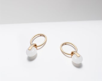 White jade earrings - Medium size hoop earrings in gold plated or sterling silver with dangling white stones