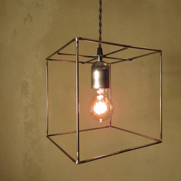 Lampe suspendue Steampunk en acier brut, cage cubique, lumière géométrique suspendue, cage industrielle, lustre moderne, luminaire de plafond minimal