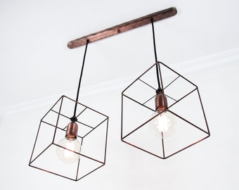 Geometric Pendant Light | Minimal Industrial Lamp | Cubic Cage Ceiling Light | Modern Hanging Lamp |Chandelier Lighting Double Pendant Lamp